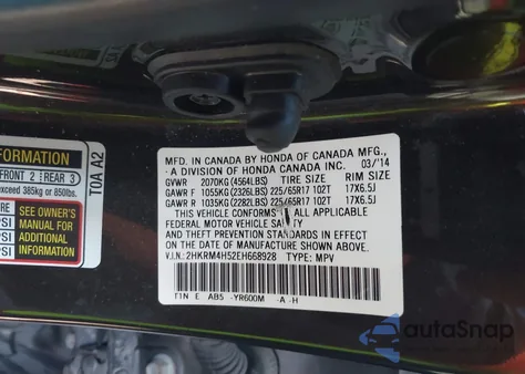 2014 Honda Cr-V Ex z USA, uszkodzony, nr VIN 2HKRM4H52EH668928